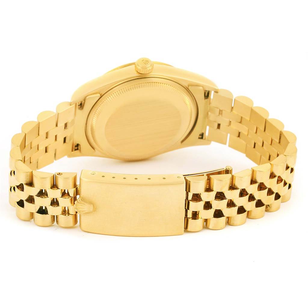 This image shows the back and bracelet of a Rolex Date 15238 Men's Yellow Gold Blue Dial 15238 Men's Yellow Gold Blue Dial model watch from a rear angle.