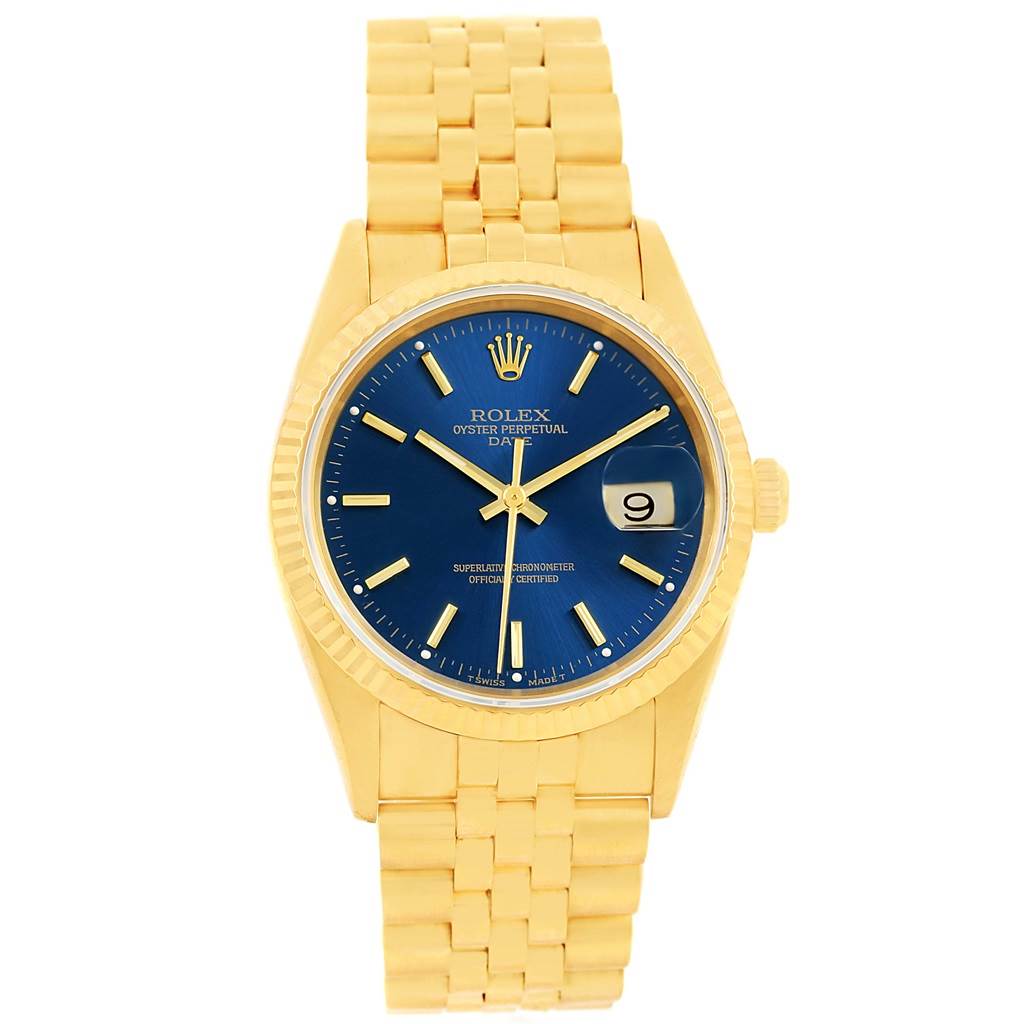 This image shows a frontal view of a Rolex Oyster Perpetual Date watch with a gold bracelet and blue dial.