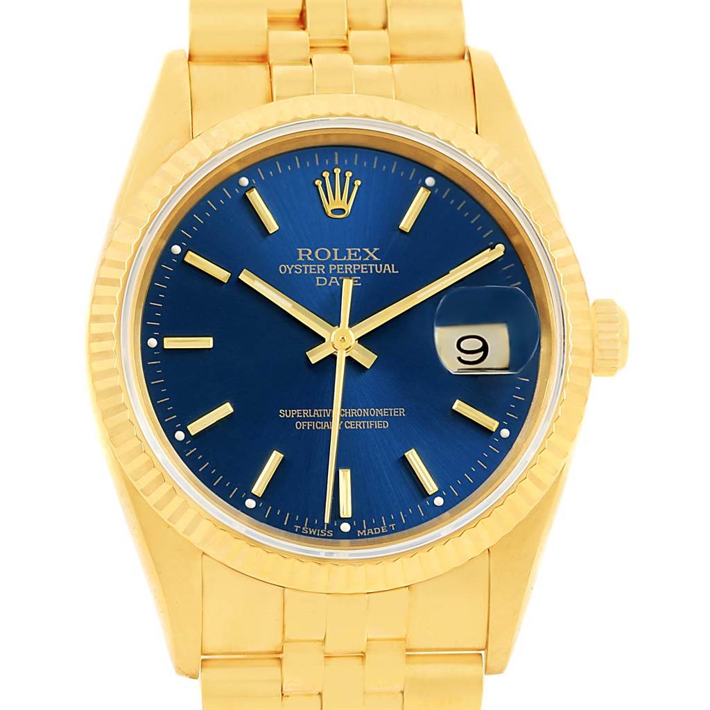 The image shows a front view of a Rolex Date 15238 Men's Yellow Gold Blue Dial 15238 Men's Yellow Gold Blue Dial model watch with a blue dial, gold case, and bracelet.