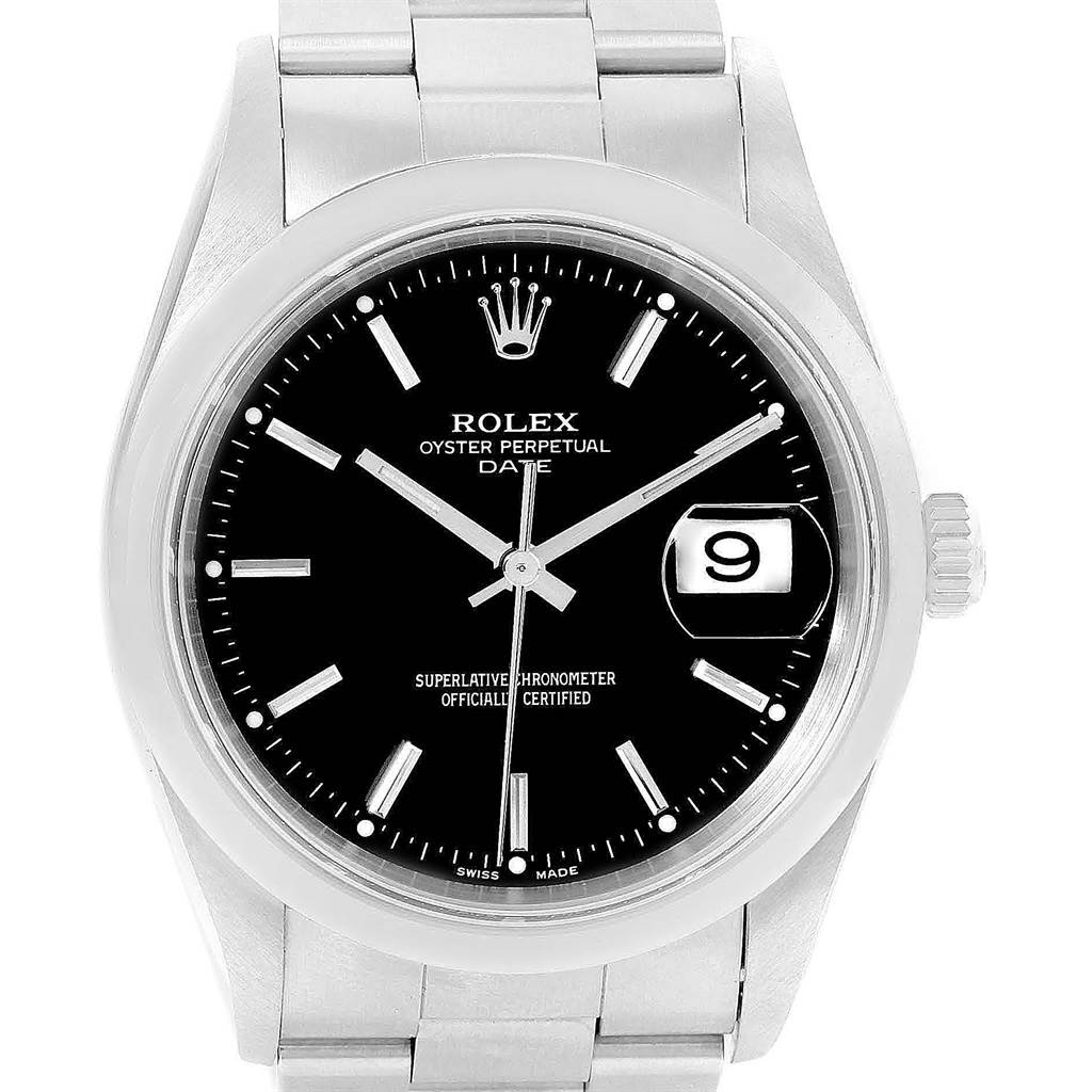 The image shows a front view of a Rolex Date 15200 Men's Stainless Steel Black Dial 15200 Men's Stainless Steel Black Dial model, featuring its black dial, hour markers, date window, and stainless steel bracelet.