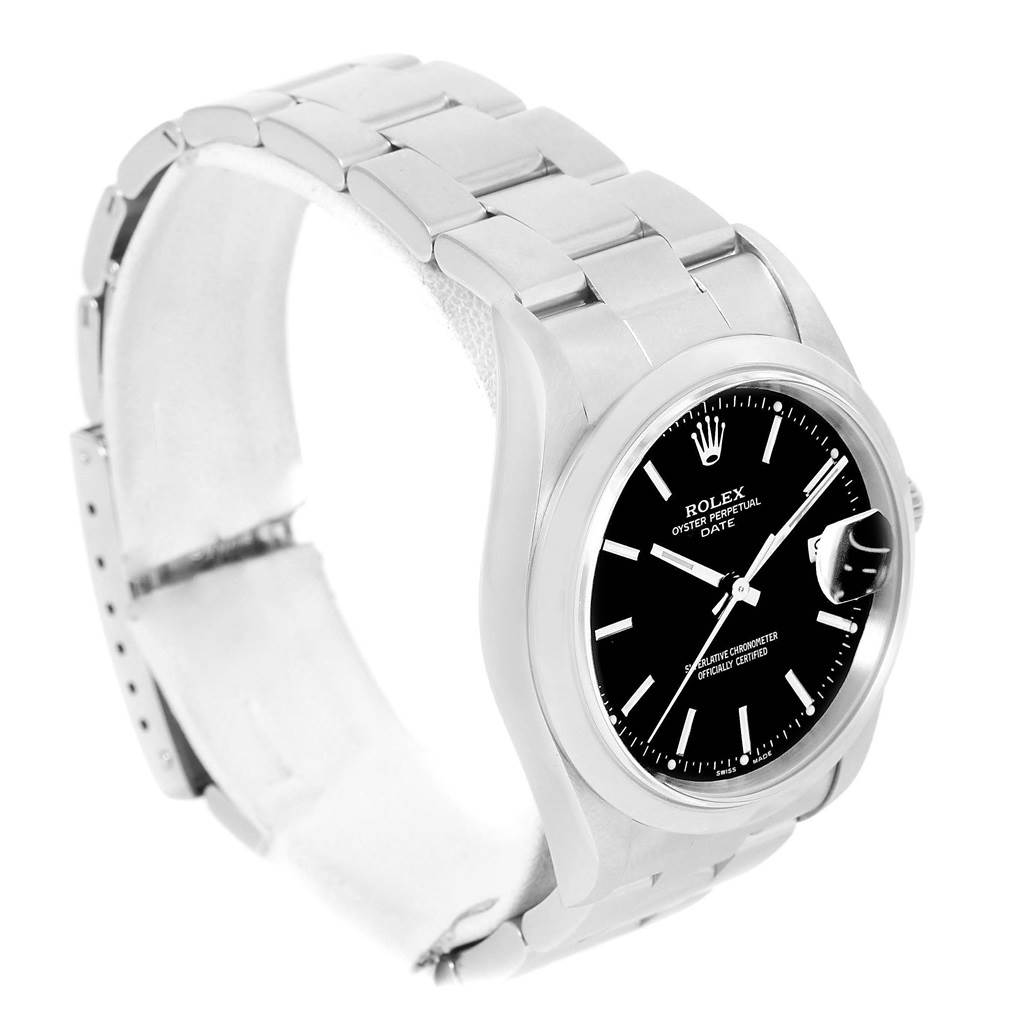 This image shows a Rolex Date 15200 Men's Stainless Steel Black Dial 15200 Men's Stainless Steel Black Dial wristwatch at a slight side angle, highlighting the bracelet, case, and black dial.