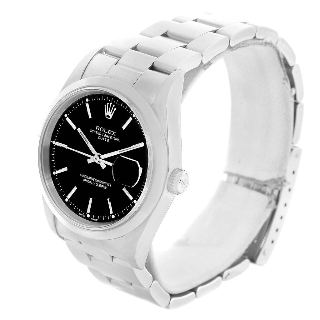 This Rolex Date 15200 Men's Stainless Steel Black Dial 15200 Men's Stainless Steel Black Dial model is shown at an angle, highlighting its black dial, date window, silver case, and bracelet.