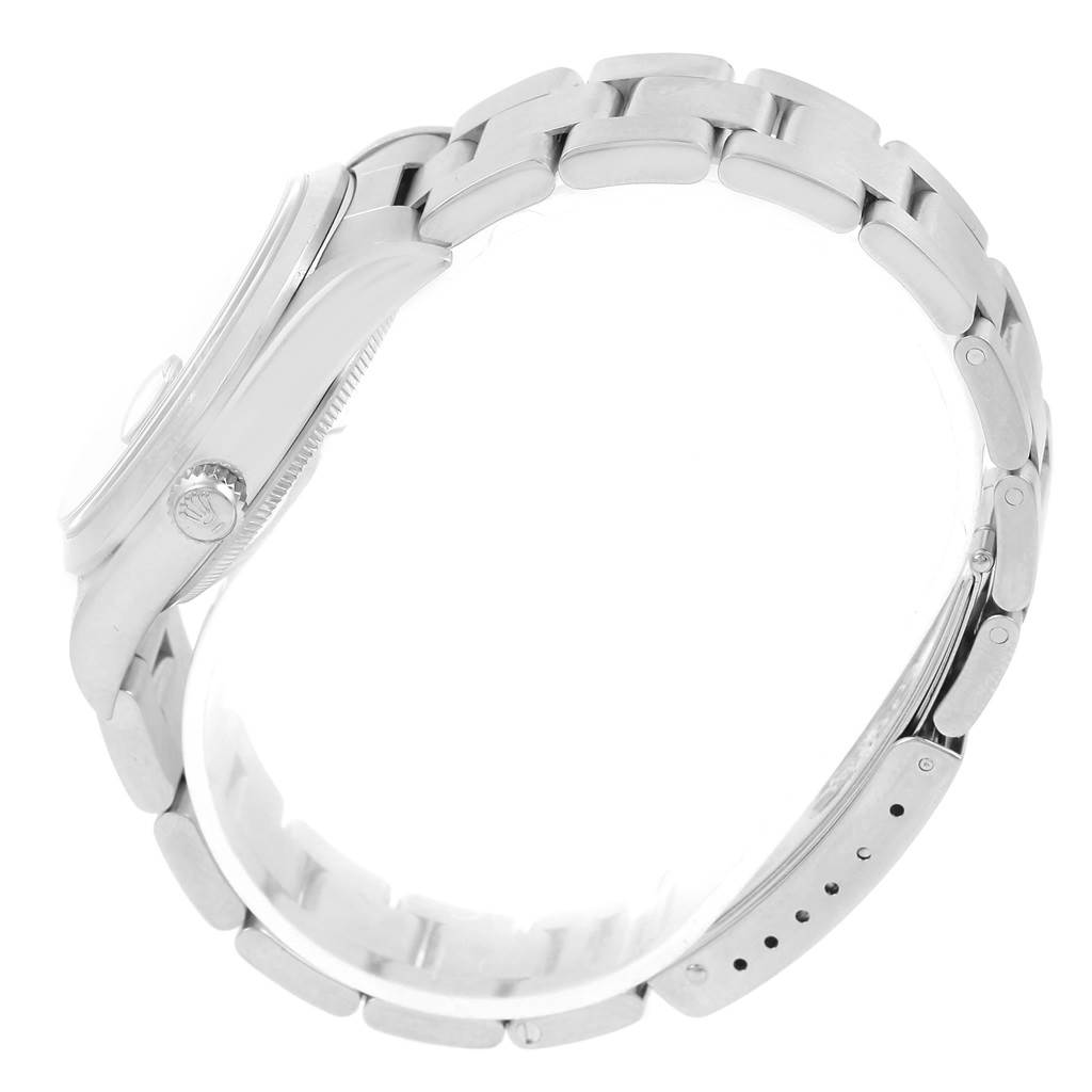 The image shows a side view of a Rolex Date 15200 Men's Stainless Steel Black Dial 15200 Men's Stainless Steel Black Dial model watch, featuring its bracelet and crown.