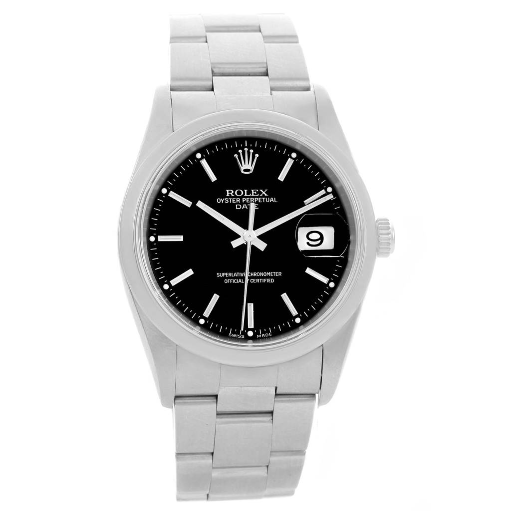 The image shows the front view of a Rolex Date 15200 Men
s Stainless Steel Black Dial 15200 Men
s Stainless Steel Black Dial model watch, displaying its black dial, silver bracelet, and date window.
