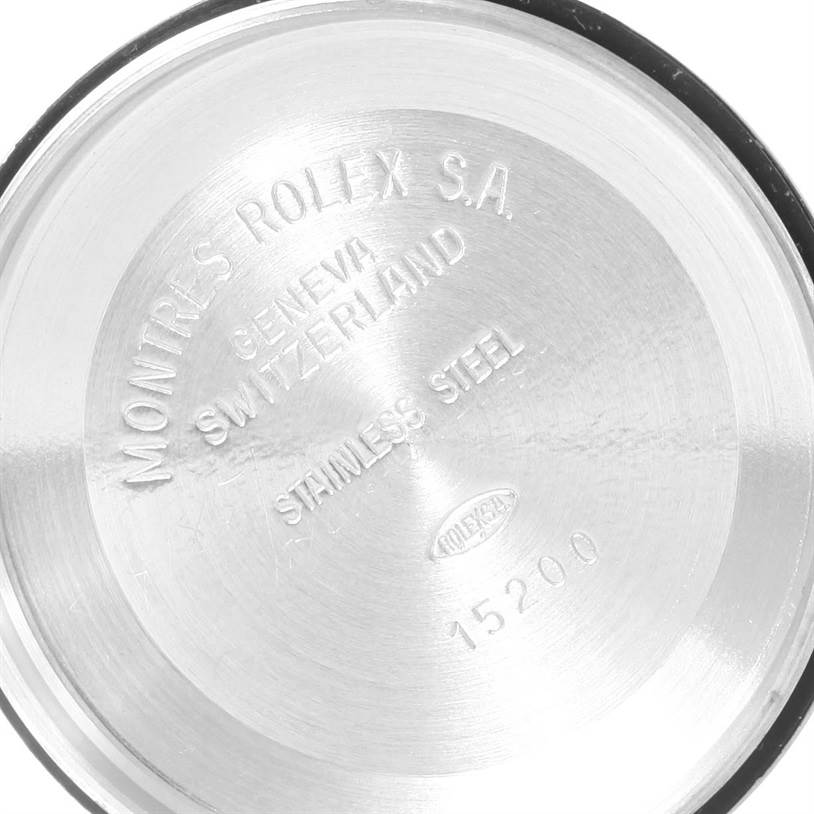 This image shows the back case of a Rolex Date 15210 Men's Stainless Steel Blue Dial 15210 Men's Stainless Steel Blue Dial model watch, featuring branding and material information.