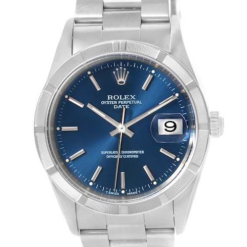 Photo of Rolex Date Stainless Steel Blue Dial Oyster Bracelet Mens Watch 15210