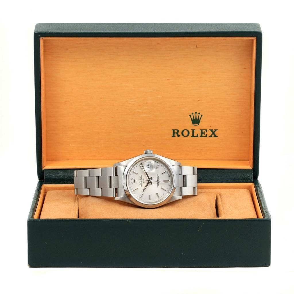 The Rolex Date 15200 Men
s Stainless Steel Silver Dial 15200 Men
s Stainless Steel Silver Dial model watch is displayed from a frontal view in an open Rolex box.