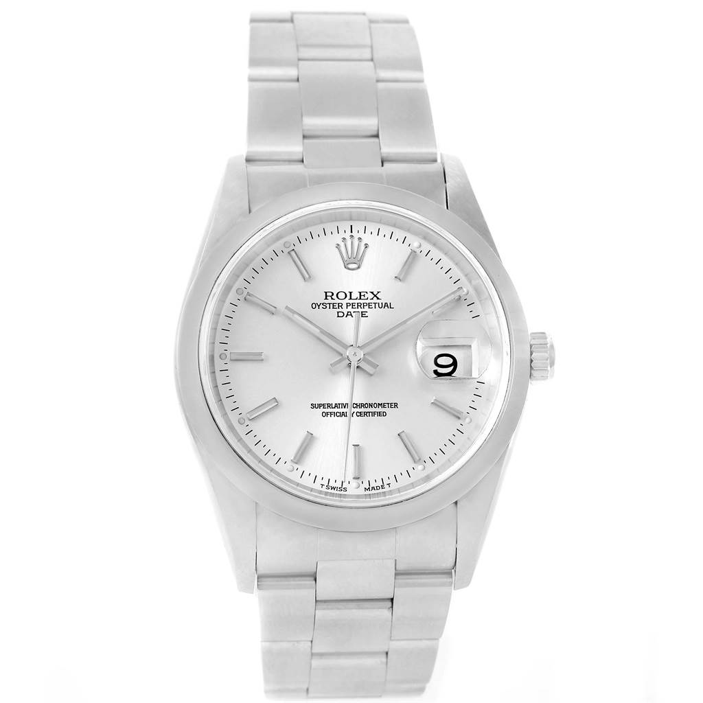 The image shows a frontal view of the Rolex Date 15200 Men
s Stainless Steel Silver Dial 15200 Men
s Stainless Steel Silver Dial model watch, displaying the face, hands, date window, and bracelet.