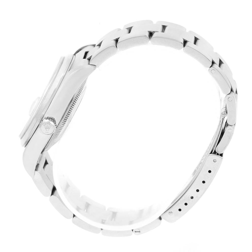 This image shows a side profile of a Rolex Date 15200 Men
s Stainless Steel Silver Dial 15200 Men
s Stainless Steel Silver Dial model watch, highlighting its case, crown, and bracelet.