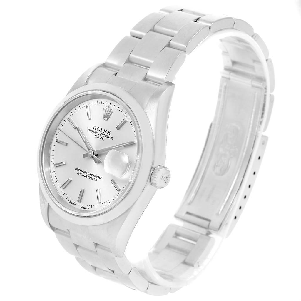 The image shows a Rolex Date 15200 Men
s Stainless Steel Silver Dial 15200 Men
s Stainless Steel Silver Dial model watch angled from the front-left, displaying the face, bezel, crown, and part of the bracelet.