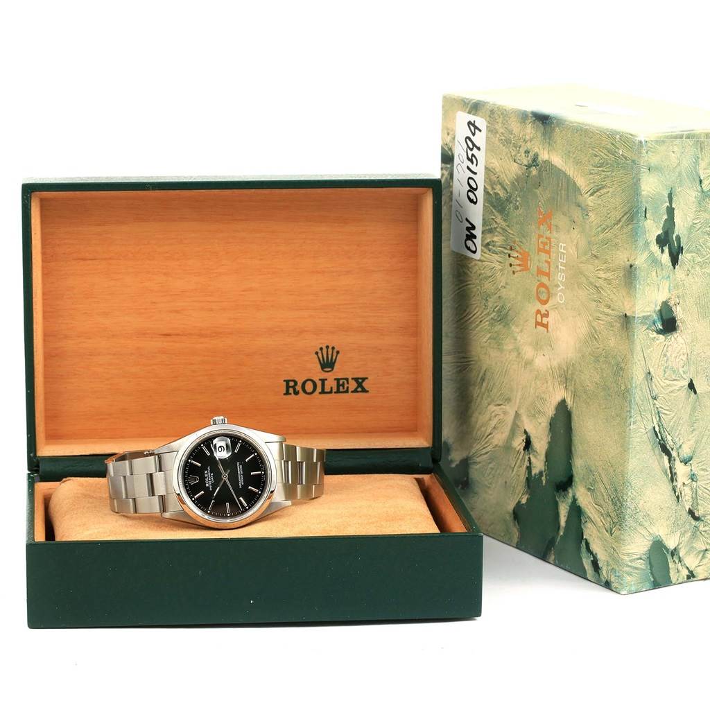 The image shows a Rolex Date 15200 Men's Stainless Steel Black Dial 15200 Men's Stainless Steel Black Dial watch in its open box, with the box and watch both viewed from the front.