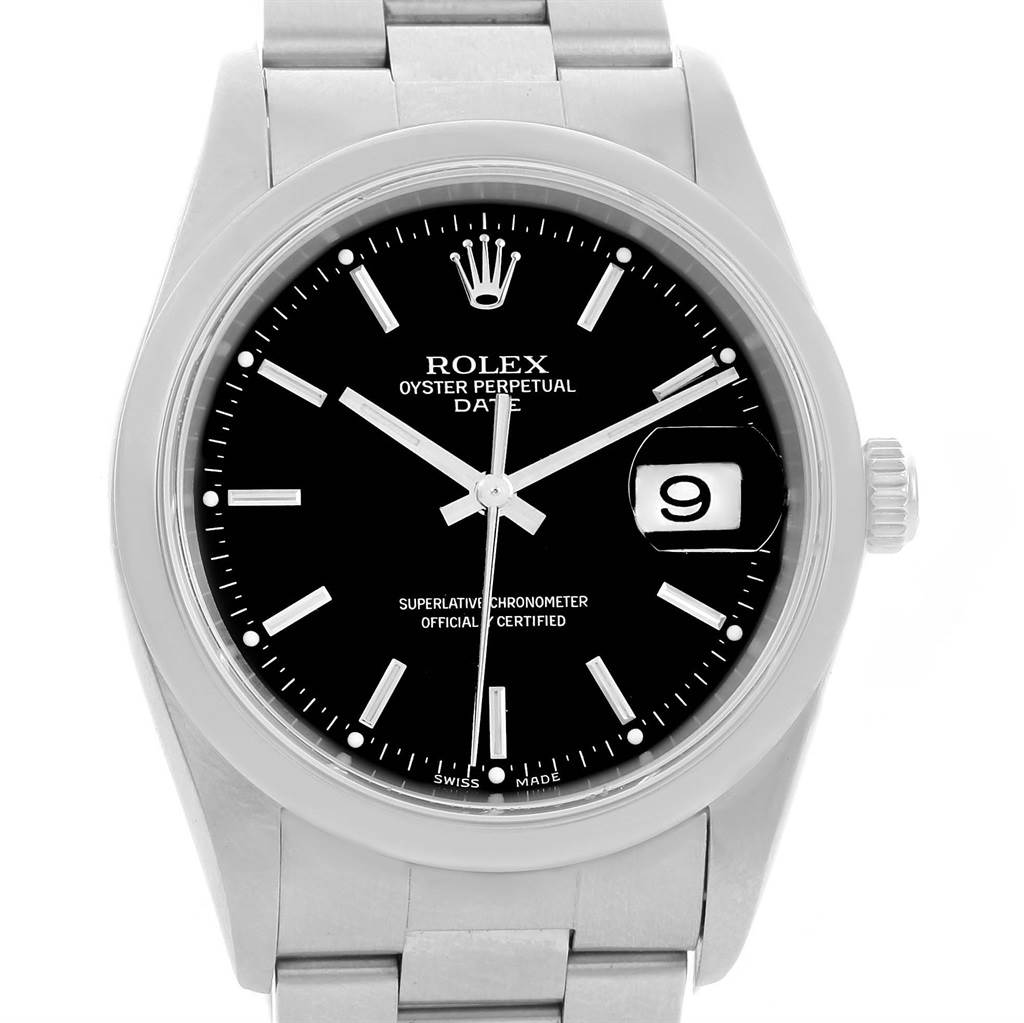 This image shows the front view of a Rolex Date 15200 Men's Stainless Steel Black Dial 15200 Men's Stainless Steel Black Dial model watch, displaying the dial, hands, crown, and bracelet.