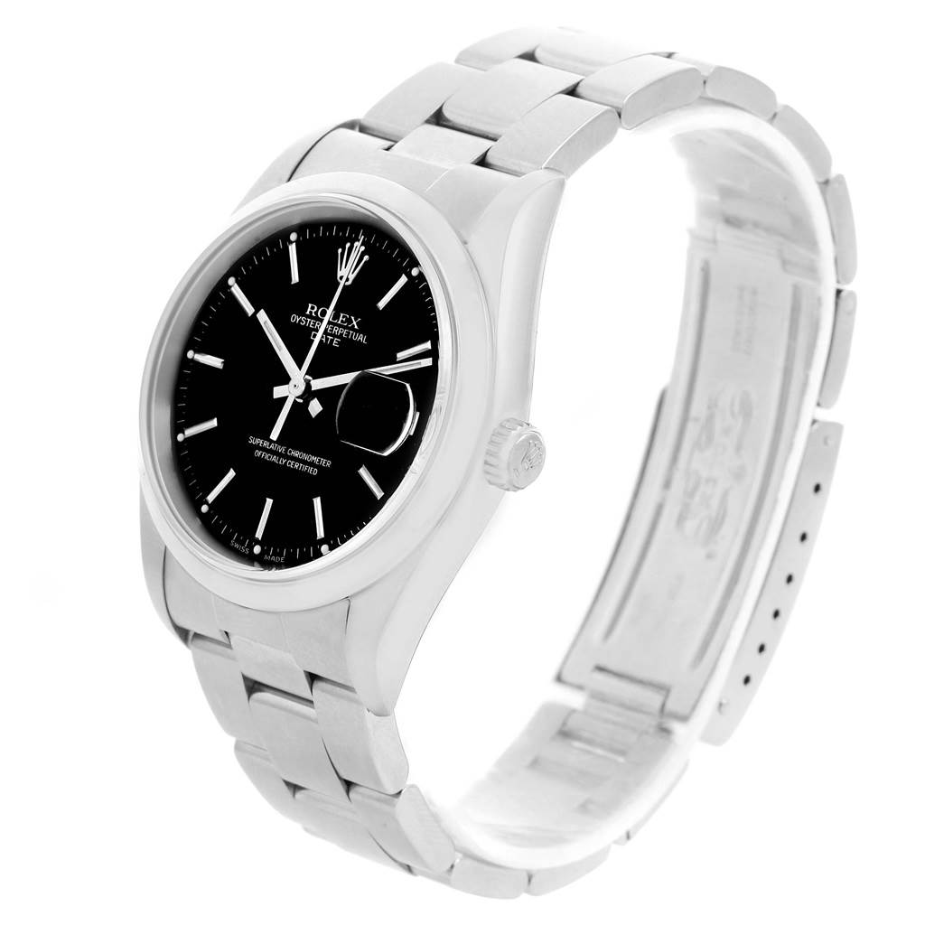 This image shows a side angle of a Rolex Date 15200 Men's Stainless Steel Black Dial 15200 Men's Stainless Steel Black Dial model watch, highlighting its face, crown, and metal bracelet.