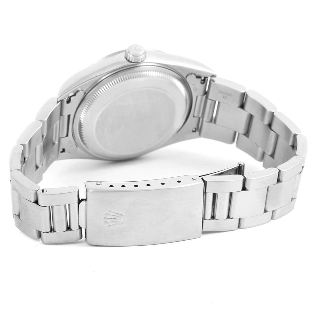 This image shows the back and clasp of the Rolex Date 15200 Men's Stainless Steel Black Dial 15200 Men's Stainless Steel Black Dial model watch, focusing on its stainless steel case and bracelet.