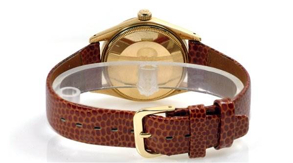 The image shows the back view of a Rolex Date 1510 Men's Yellow Gold Champagne Dial 1510 Men's Yellow Gold Champagne Dial model watch, featuring a brown leather strap and gold case.
