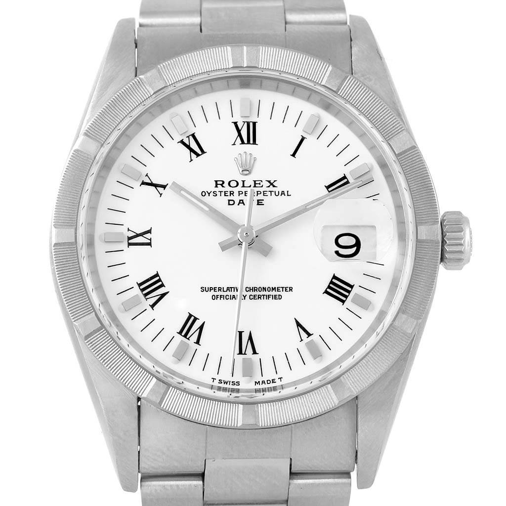 This is a frontal view of a Rolex Date 15210 Men's Stainless Steel White Dial 15210 Men's Stainless Steel White Dial model watch, showing the dial, bezel, crown, and part of the bracelet.