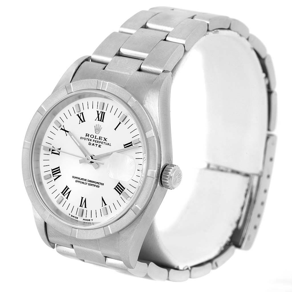 The Rolex Date 15210 Men's Stainless Steel White Dial 15210 Men's Stainless Steel White Dial watch is shown at a three-quarter angle, displaying the face, crown, and bracelet.