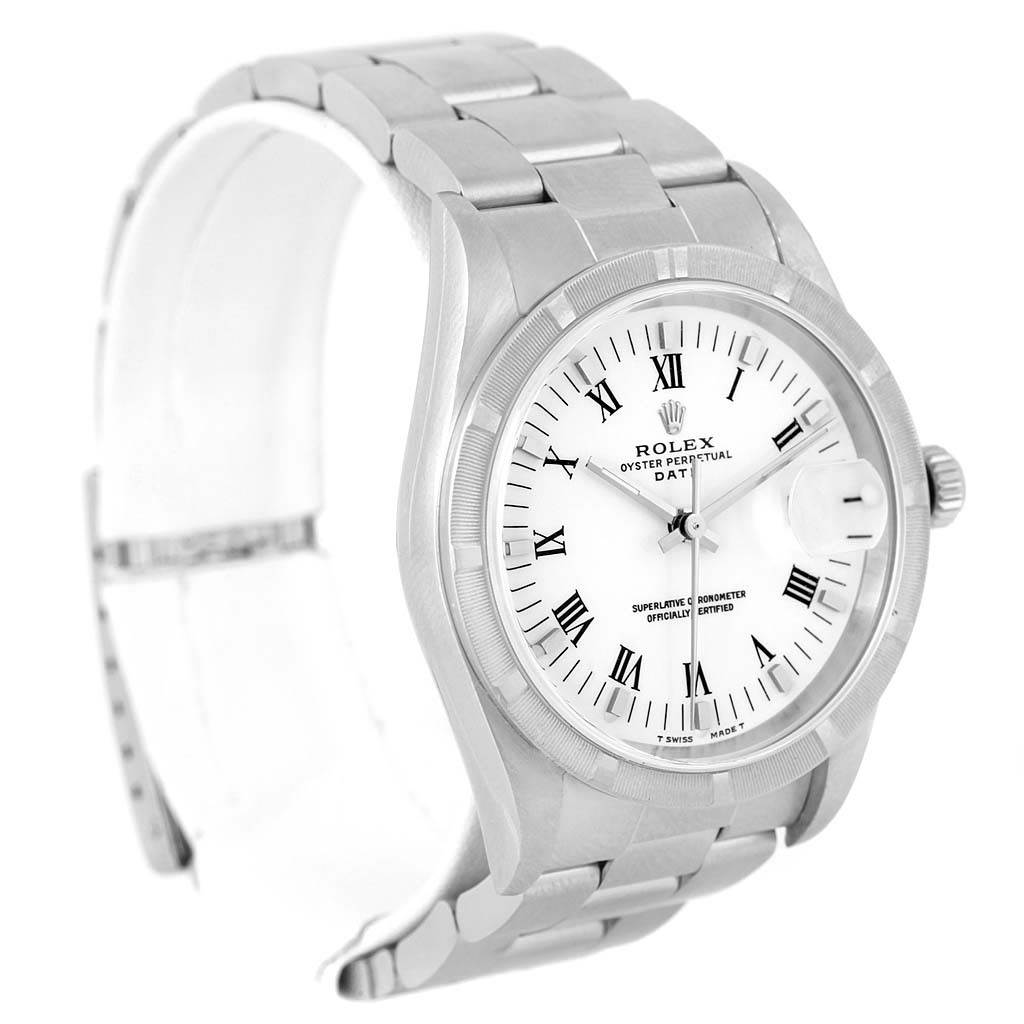 The Rolex Date 15210 Men's Stainless Steel White Dial 15210 Men's Stainless Steel White Dial model watch is shown from a front angle, displaying its face, bezel, and bracelet.