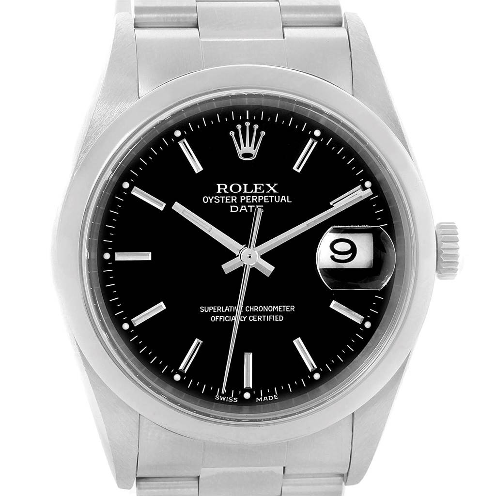 The image shows a front view of a Rolex Date 15200 Men's Stainless Steel Black Dial 15200 Men's Stainless Steel Black Dial model watch with a black dial, date window, and stainless steel bracelet.