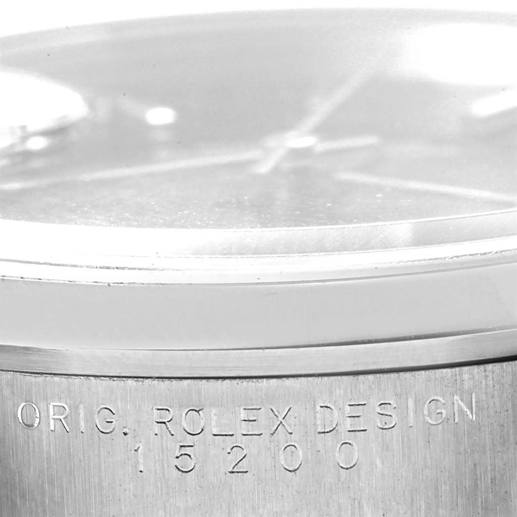 The image shows a close-up side view of the case and bezel of the Rolex Date 15200 Men's Stainless Steel Black Dial 15200 Men's Stainless Steel Black Dial model, with the "Original Rolex Design" inscription and model number.