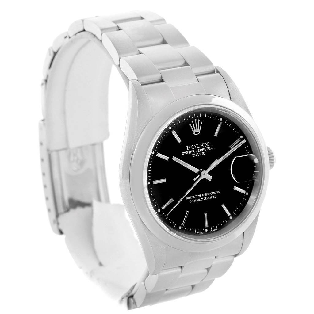 This image features a Rolex Date 15200 Men's Stainless Steel Black Dial 15200 Men's Stainless Steel Black Dial model watch angled slightly to the left, showcasing its face and band.