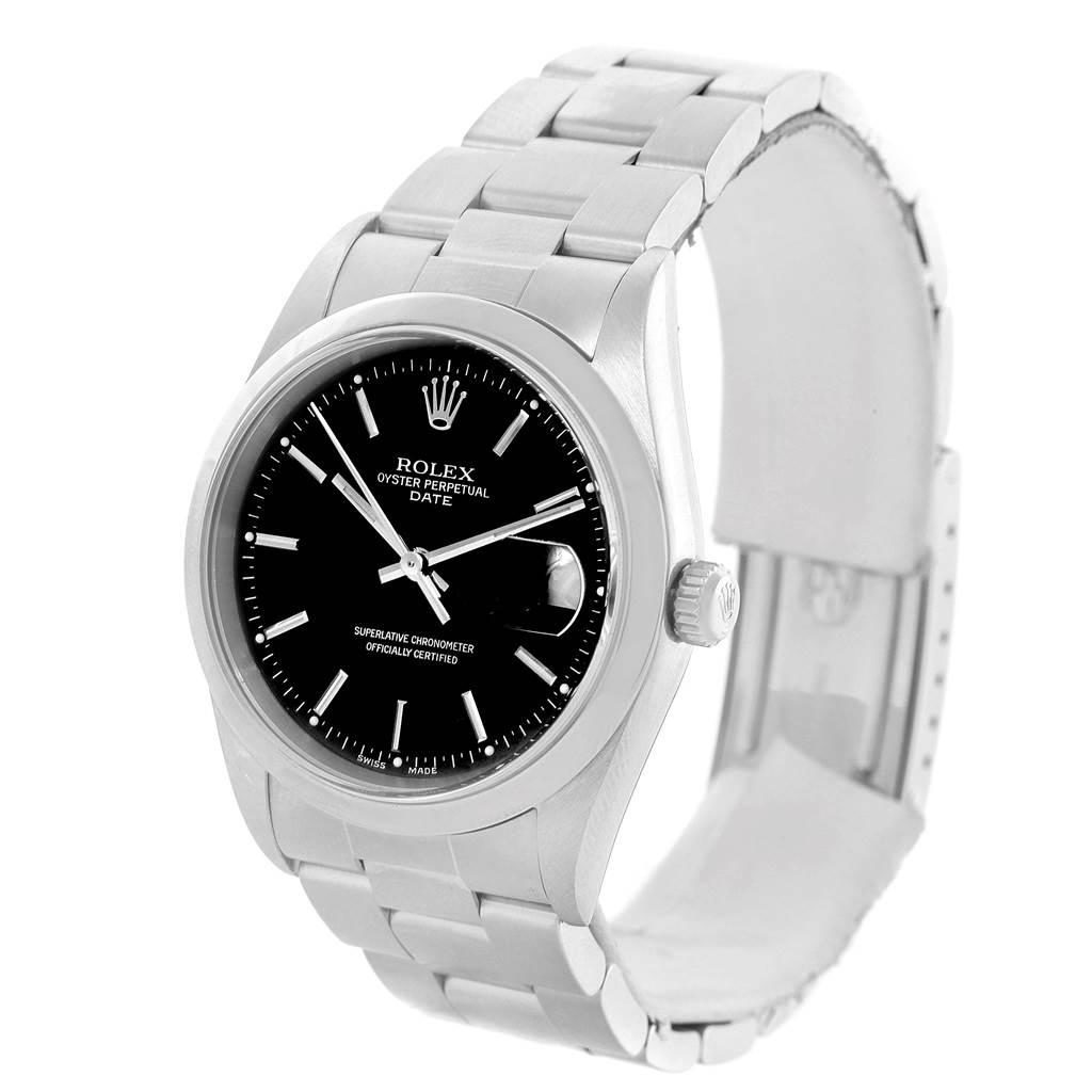 The image shows a Rolex Date 15200 Men's Stainless Steel Black Dial 15200 Men's Stainless Steel Black Dial model watch from a front angle displaying its face, case, bezel, crown, and bracelet.