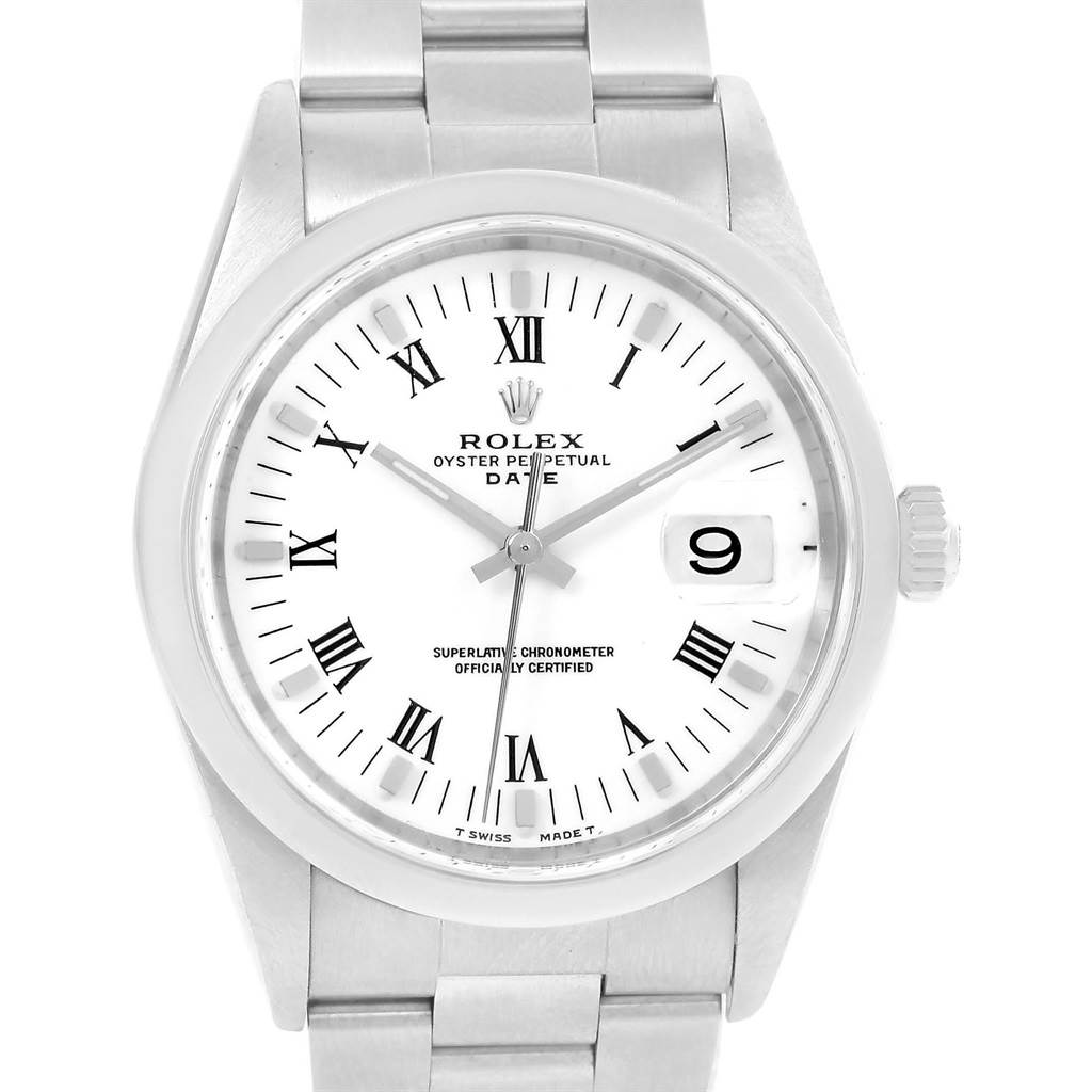 The image shows a front view of the Rolex Date 15200 Men's Stainless Steel White Dial 15200 Men's Stainless Steel White Dial model watch, highlighting the dial, hands, crown, and part of the bracelet.