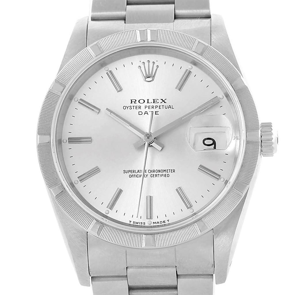 The image shows a front view of the Rolex Date 15210 Men's Stainless Steel Silver Dial 15210 Men's Stainless Steel Silver Dial model, displaying the dial, bezel, crown, and part of the bracelet.