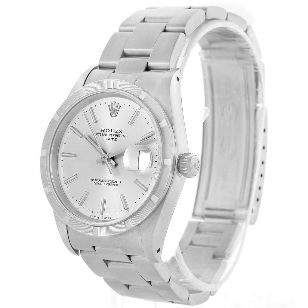 This image shows a side angle view of a Rolex Oyster Perpetual Date watch, highlighting the face, crown, and bracelet.