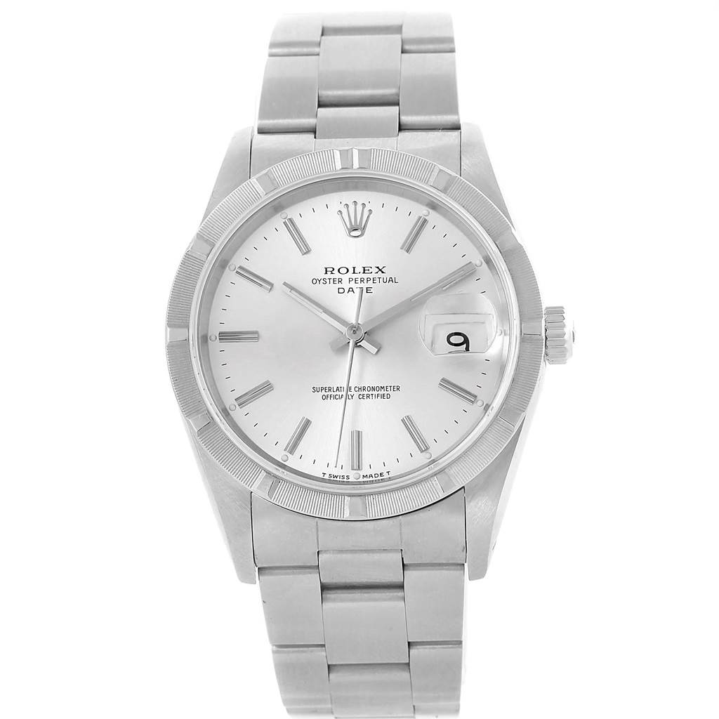 The image shows a Rolex Oyster Perpetual Date model watch from a front angle, showcasing the dial, bezel, crown, and bracelet.