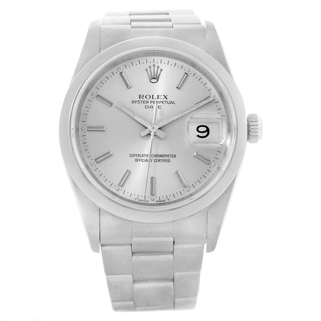 This image shows a front view of a Rolex Date 15200 Men's Stainless Steel Silver Dial 15200 Men's Stainless Steel Silver Dial model watch, including the dial, hands, date window, crown, and bracelet.