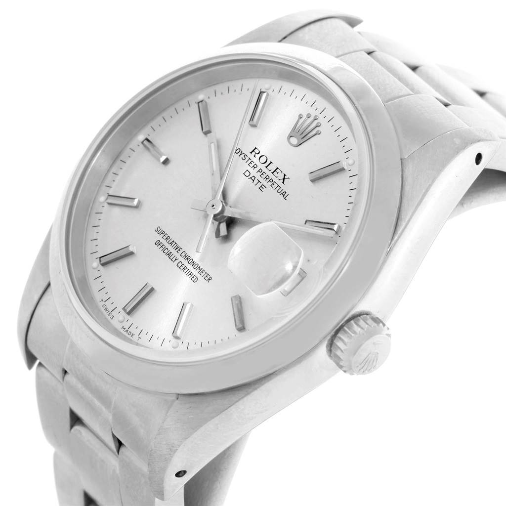 This image shows a Rolex Date 15200 Men's Stainless Steel Silver Dial 15200 Men's Stainless Steel Silver Dial model watch from a side angle, highlighting the dial, bracelet, and crown.