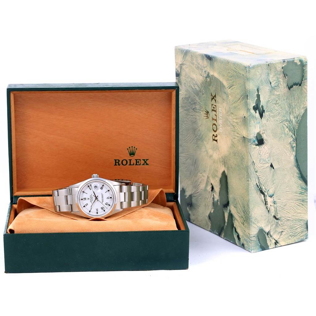 The Rolex Date 15200 Men's Stainless Steel White Dial 15200 Men's Stainless Steel White Dial watch is displayed in its open case with the outer box beside it.