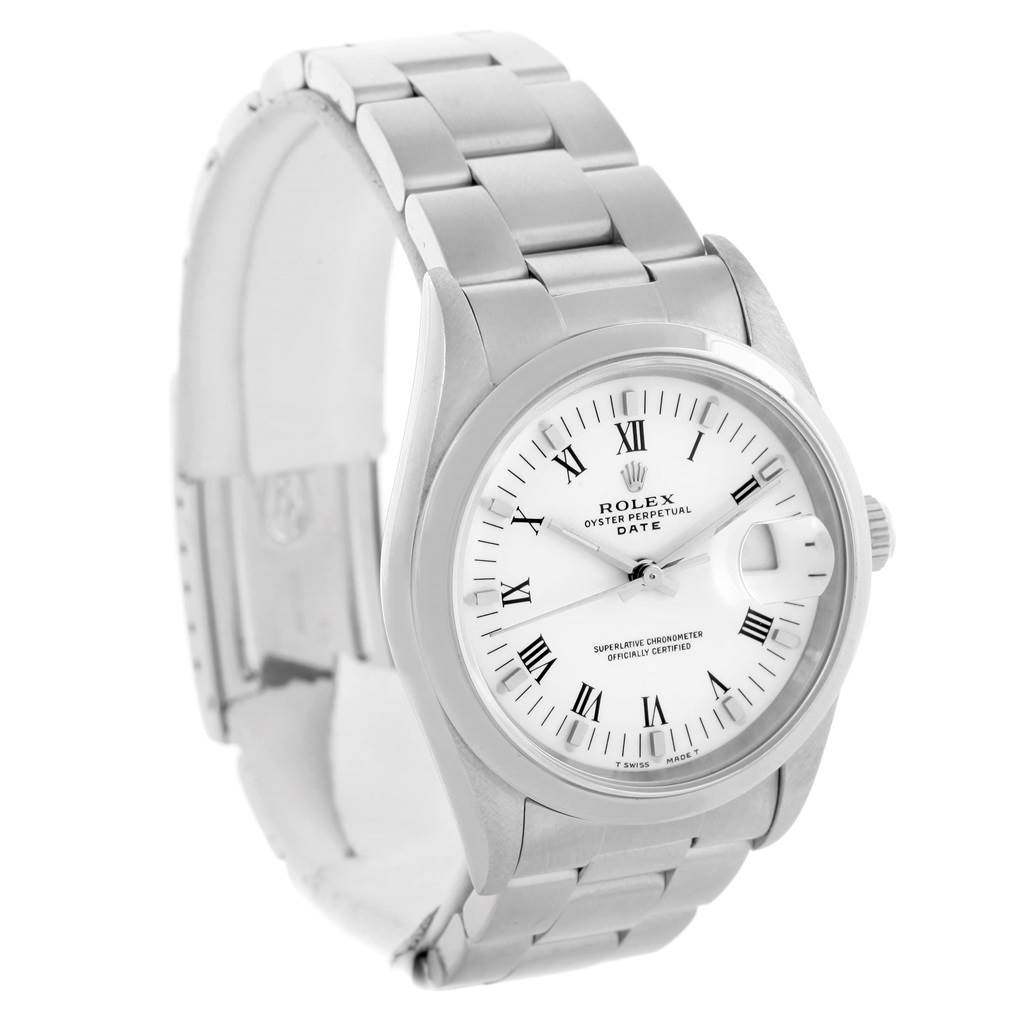 The Rolex Date 15200 Men's Stainless Steel White Dial 15200 Men's Stainless Steel White Dial watch is shown from a front-side angle, featuring the face, bezel, crown, and stainless steel bracelet.