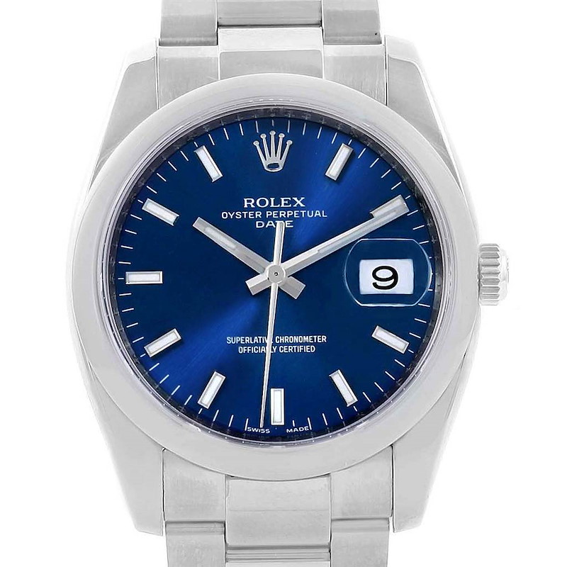 Rolex Date Stainless Steel Blue Baton Dial Mens Watch 115200 SwissWatchExpo