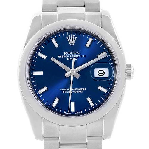 Photo of Rolex Date Stainless Steel Blue Baton Dial Mens Watch 115200