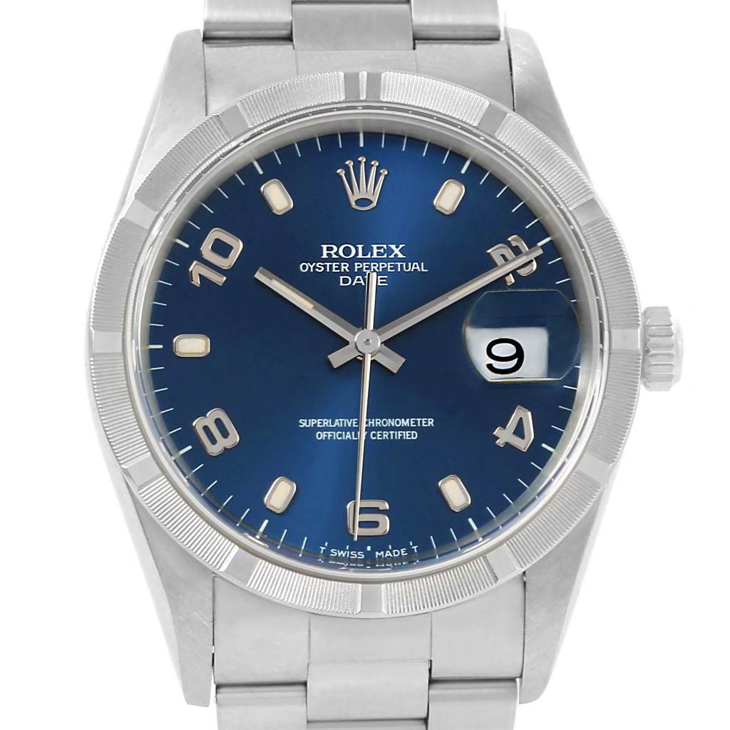 The image shows a frontal view of a Rolex Date 15210 Men's Stainless Steel Blue Dial 15210 Men's Stainless Steel Blue Dial model watch, highlighting the dial, bezel, hands, and bracelet.