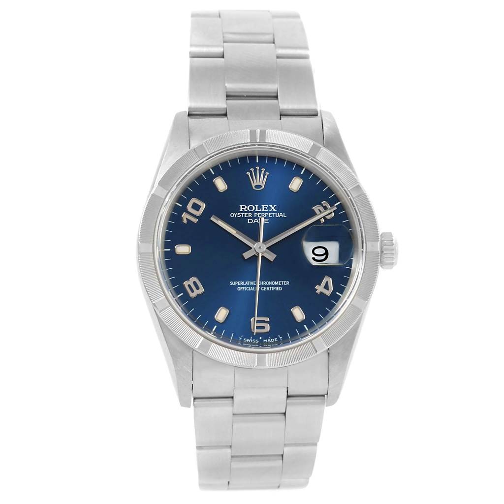 The Rolex Date 15210 Men's Stainless Steel Blue Dial 15210 Men's Stainless Steel Blue Dial watch is shown from a straight-on angle, displaying the face, dial, bezel, and bracelet.