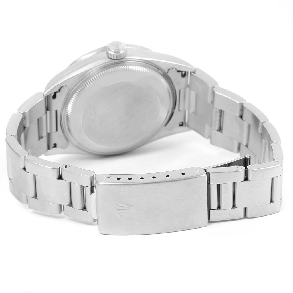 The image shows the back case and bracelet of a Rolex Date 15210 Men's Stainless Steel Blue Dial 15210 Men's Stainless Steel Blue Dial model watch from a rear angle.