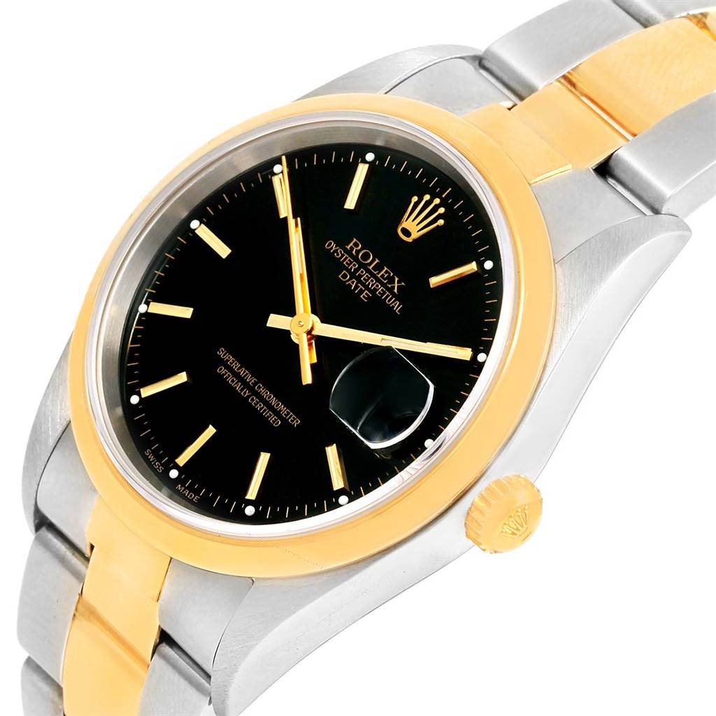 This image shows a Rolex Date 15203 Men's Steel and Gold (two tone) Black Dial 15203 Men's Steel and Gold (two tone) Black Dial model watch at a slight angle, highlighting its dial, bezel, crown, and part of the bracelet.
