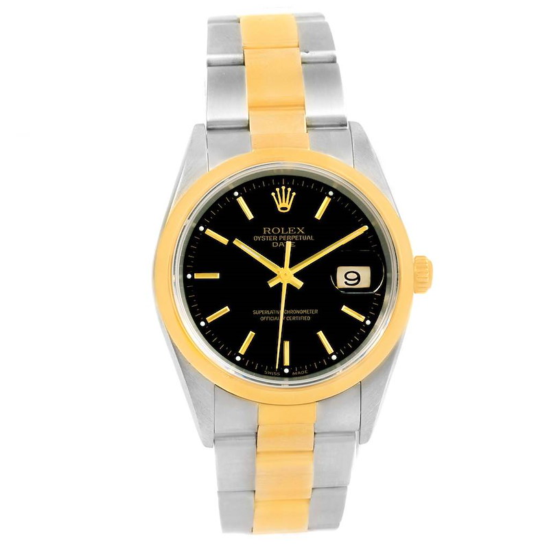 Rolex Date Mens Steel 18k Yellow Gold Black Dial Mens Watch 15203 SwissWatchExpo