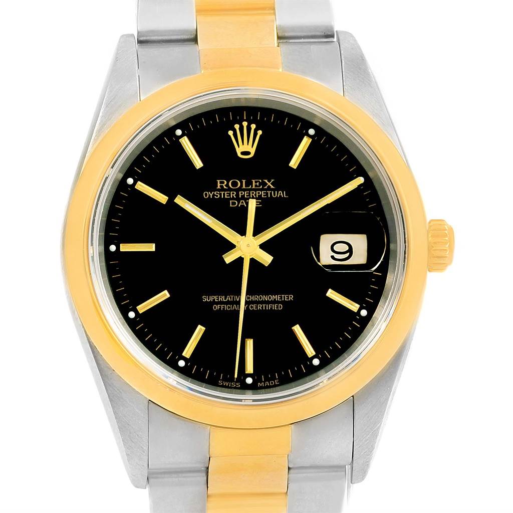 The Rolex Oyster Perpetual Date watch is shown from the front, displaying its dial, bezel, and part of the bracelet.