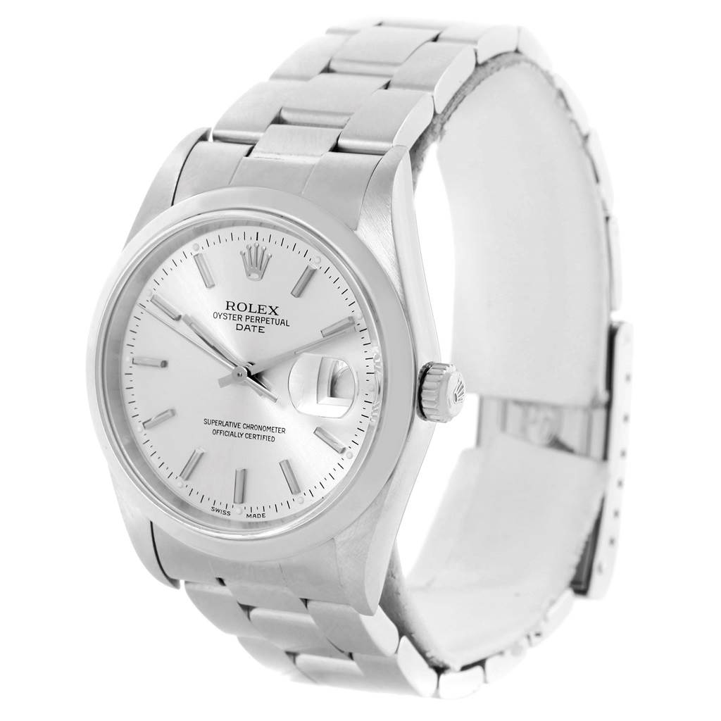 This image shows the front and side angle of the Rolex Date 15200 Men's Stainless Steel Silver Dial 15200 Men's Stainless Steel Silver Dial model watch, displaying the dial, crown, and metal band.