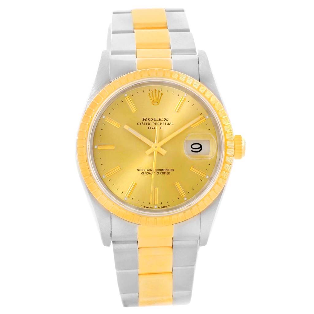 This is a front view of a Rolex Date 15223 Men's Steel and Gold (two tone) Champagne Dial 15223 Men's Steel and Gold (two tone) Champagne Dial model watch, showing its yellow dial, date window, and two-tone metal bracelet.