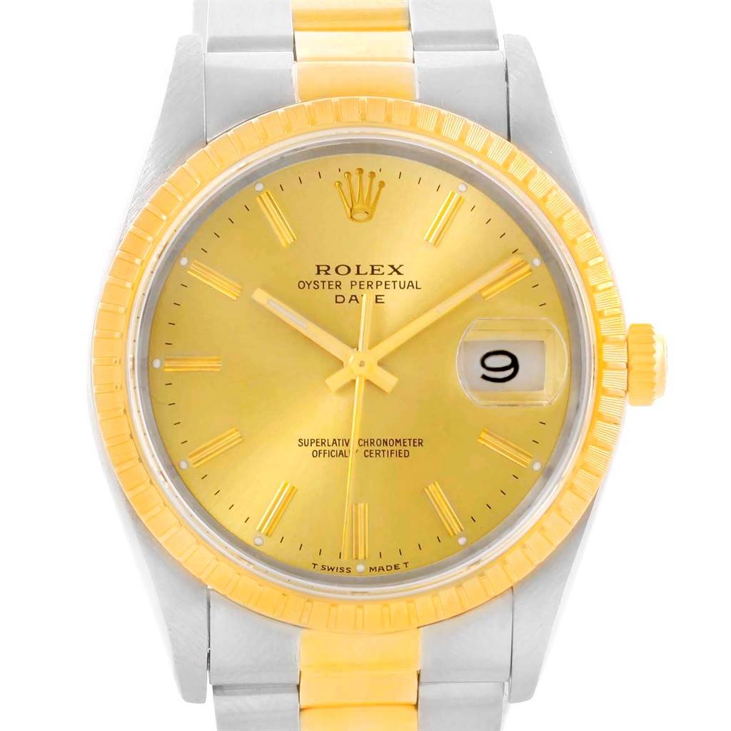 This image shows a front view of a Rolex Date 15223 Men's Steel and Gold (two tone) Champagne Dial 15223 Men's Steel and Gold (two tone) Champagne Dial model watch featuring a yellow dial, yellow bezel, and a two-tone bracelet.