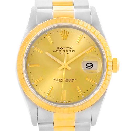 Photo of Rolex Date Mens Steel 18k Yellow Gold Baton Dial Mens Watch 15223