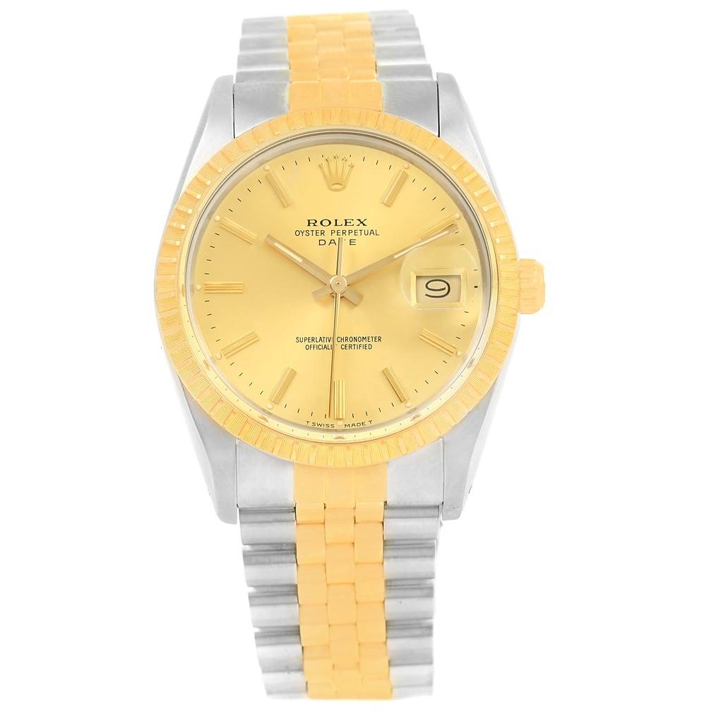 The Rolex Date 15053 Men's Steel and Gold (two tone) Champagne Dial 15053 Men's Steel and Gold (two tone) Champagne Dial watch is shown from a front angle, displaying the dial, bezel, crown, and bracelet.