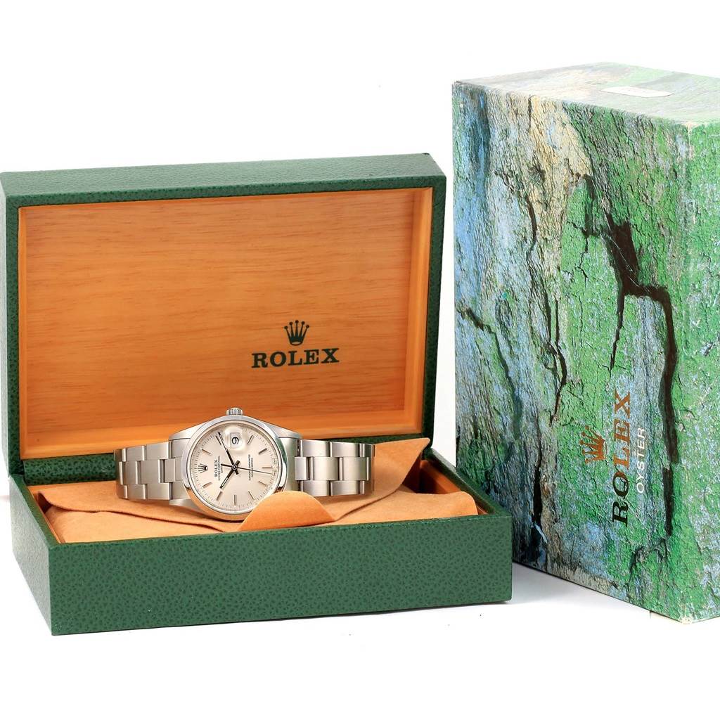 This image shows a Rolex Date 15200 Men's Stainless Steel Silver Dial 15200 Men's Stainless Steel Silver Dial model watch from the front, displayed in its opened box alongside its outer packaging.