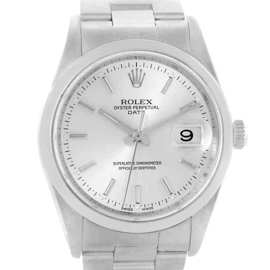 This image shows a front view of the Rolex Date 15200 Men's Stainless Steel Silver Dial 15200 Men's Stainless Steel Silver Dial model, highlighting the dial, date window, and part of the bracelet.