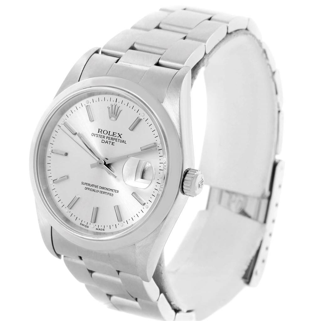 The Rolex Date 15200 Men's Stainless Steel Silver Dial 15200 Men's Stainless Steel Silver Dial model watch is shown at a three-quarter angle, highlighting the dial, bezel, bracelet, and crown.